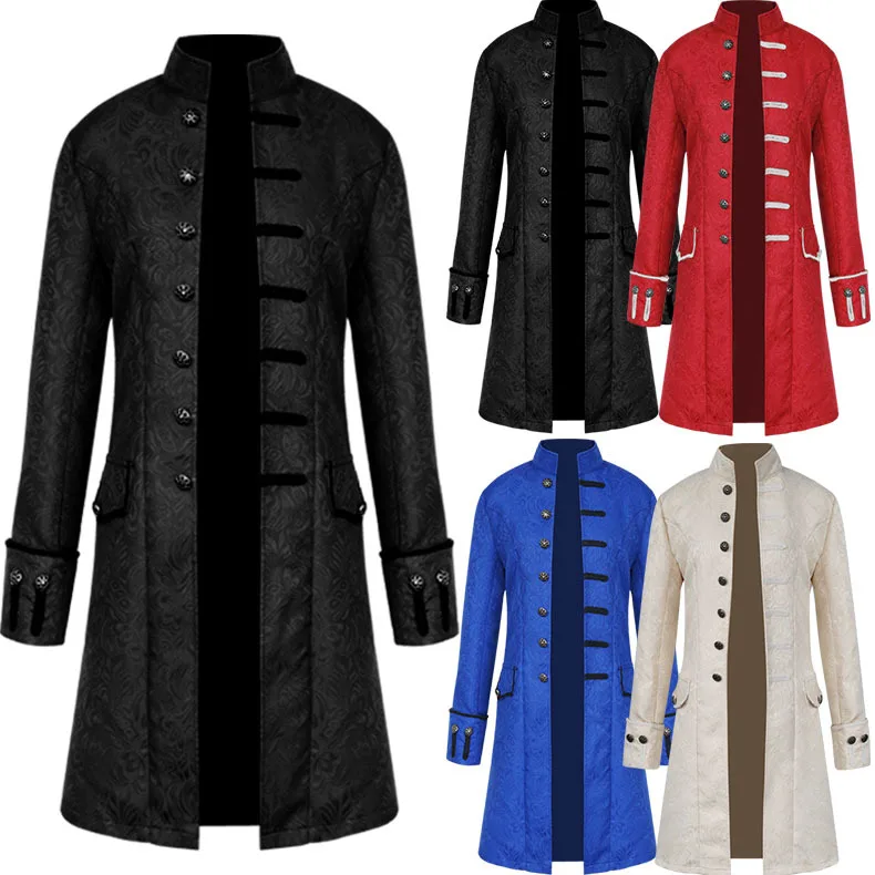 

2022 New Foreign Trade European And American Men's Coat Solid Color Fashion Steampunk Retro Men's Uniform Stand Collar Clothing