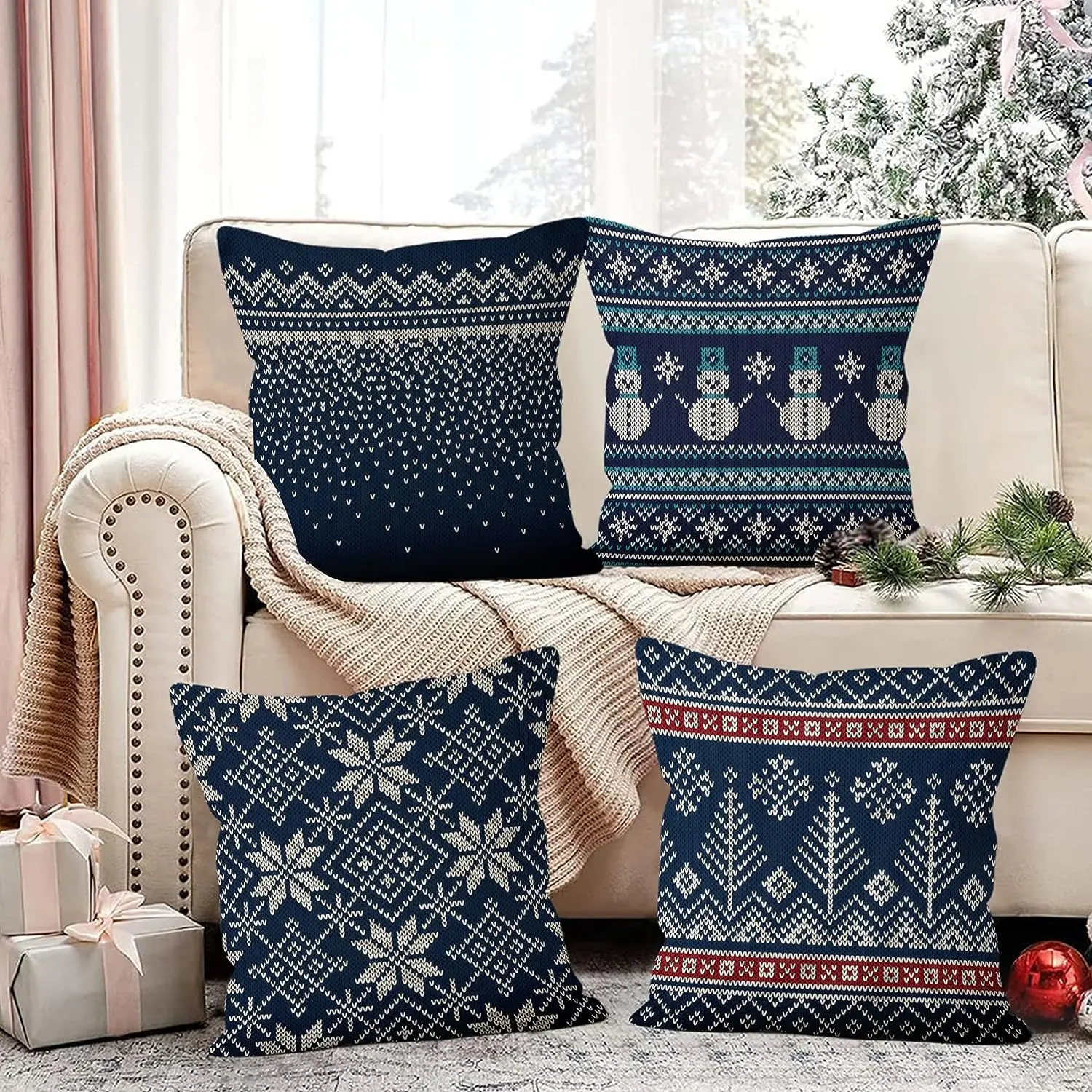

Winter Snowflake Pillowcase 45x45 Pillowcase Navy Blue Christmas Decorations Snowman Throw Pillowcase Cushion Outdoor Courtyard