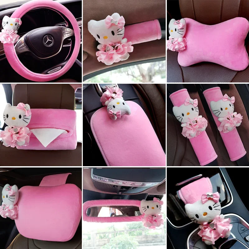 

Sanrios Hellokittys Kawaii Anime Peripheral Car Interior Cute Cartoon Car Steering Wheel Cover Headrest Car Decoration Supplies