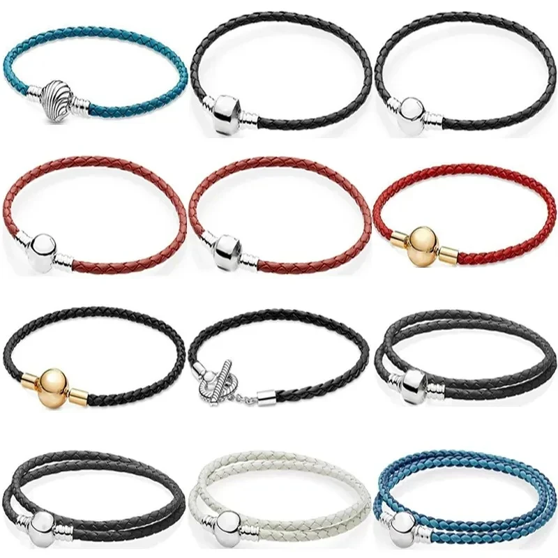 

New best-selling S925 sterling silver fashionable double-layer woven leather bracelet for women's Diy fashionable jewelry