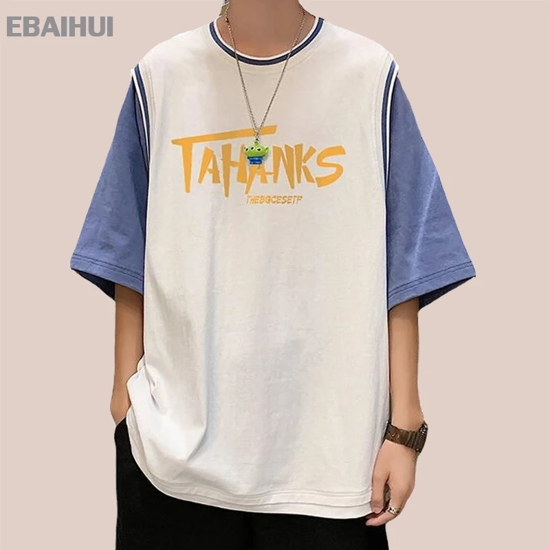 

E-BAIHUI Men's T-shirt Fake Two-piece Stitching Printed Round Neck Short-sleeved Cotton Loose Couple's Top Casual Sports Style