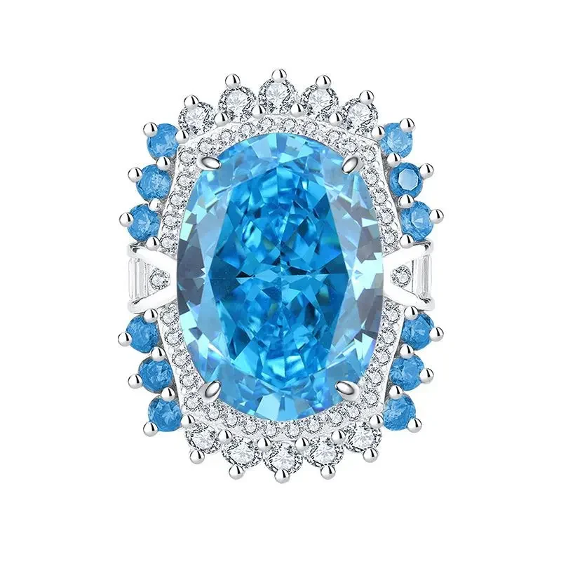 

S925 Silver High Carbon Diamond Inlaid Jade Sea Blue Jewel 13 * 18 Women's Ring Wedding Ring