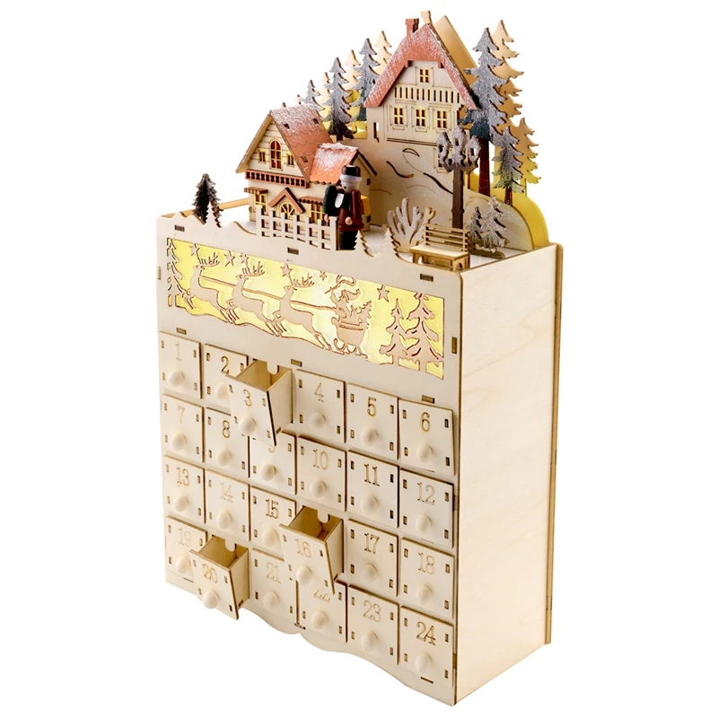 

Wooden Christmas Advent Calendar Countdown To Christmas LED Holiday Decoration 24 Drawers With LED Light