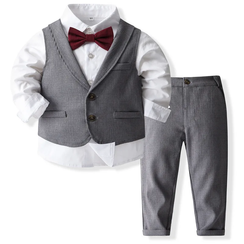 

4Piece Spring Baby Clothes Boys Outfit Set Korean Fashion Gentleman Cotton Vest+Tops+Pants+Tie Children Boutique Clothing BC1900