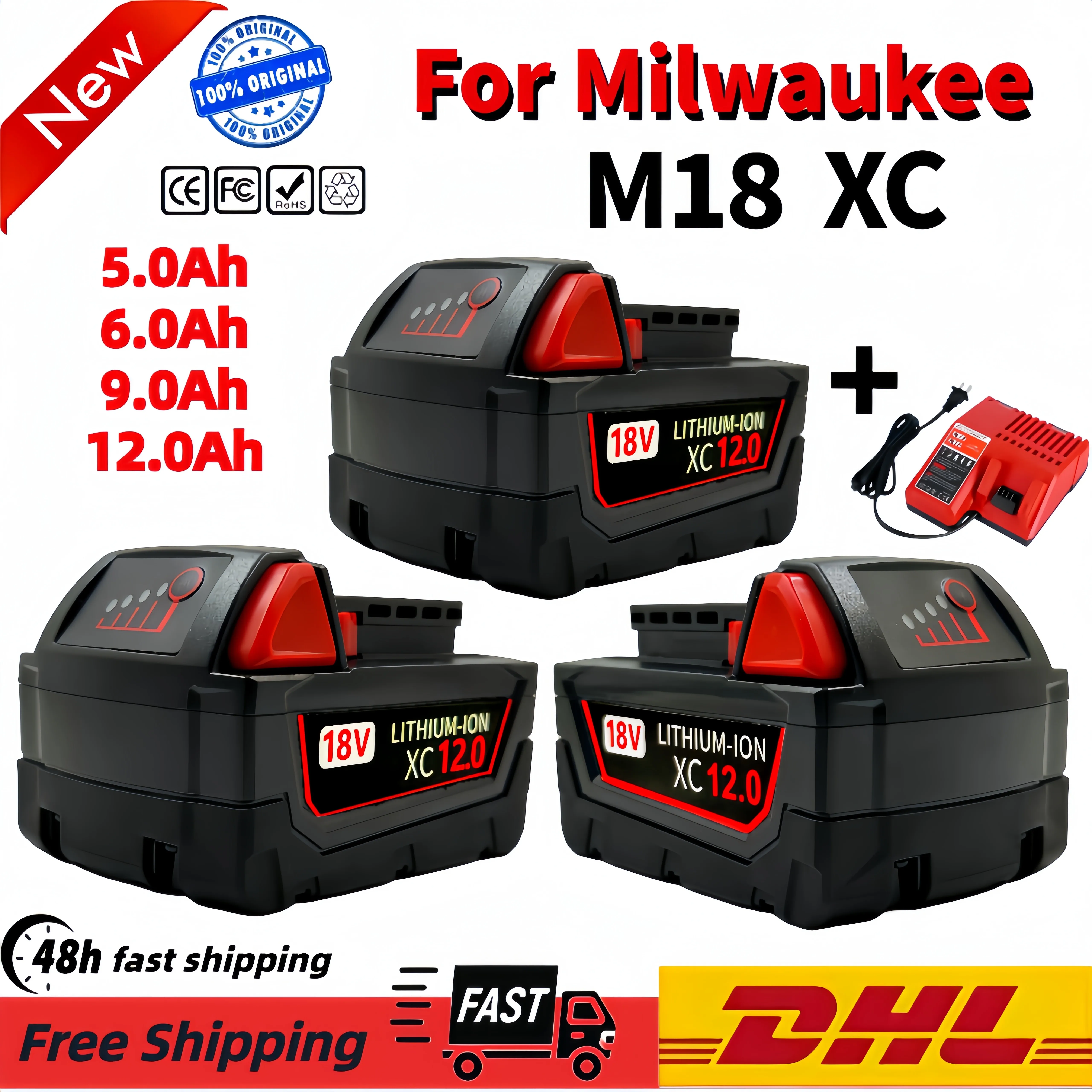 

Batterie au lithium aste, 18V, 12,0 Ah, Remplacement pour Milwaukee M18, XC, 48, 11, 1860, 48, 11, 1850, 1840, 48, 11, 1820, 24