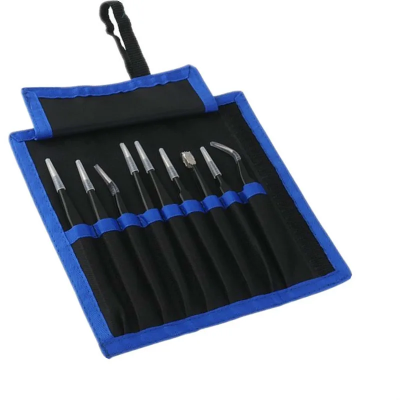 9-piece suit without flanges Stainless steel precision black ESD anti-static tweezers Tips Elbow disassemble tools Belt bag kit
9-piece suit without flanges Stainless steel precision black ESD anti-static tweezers Tips Elbow disassemble tools Belt bag kit