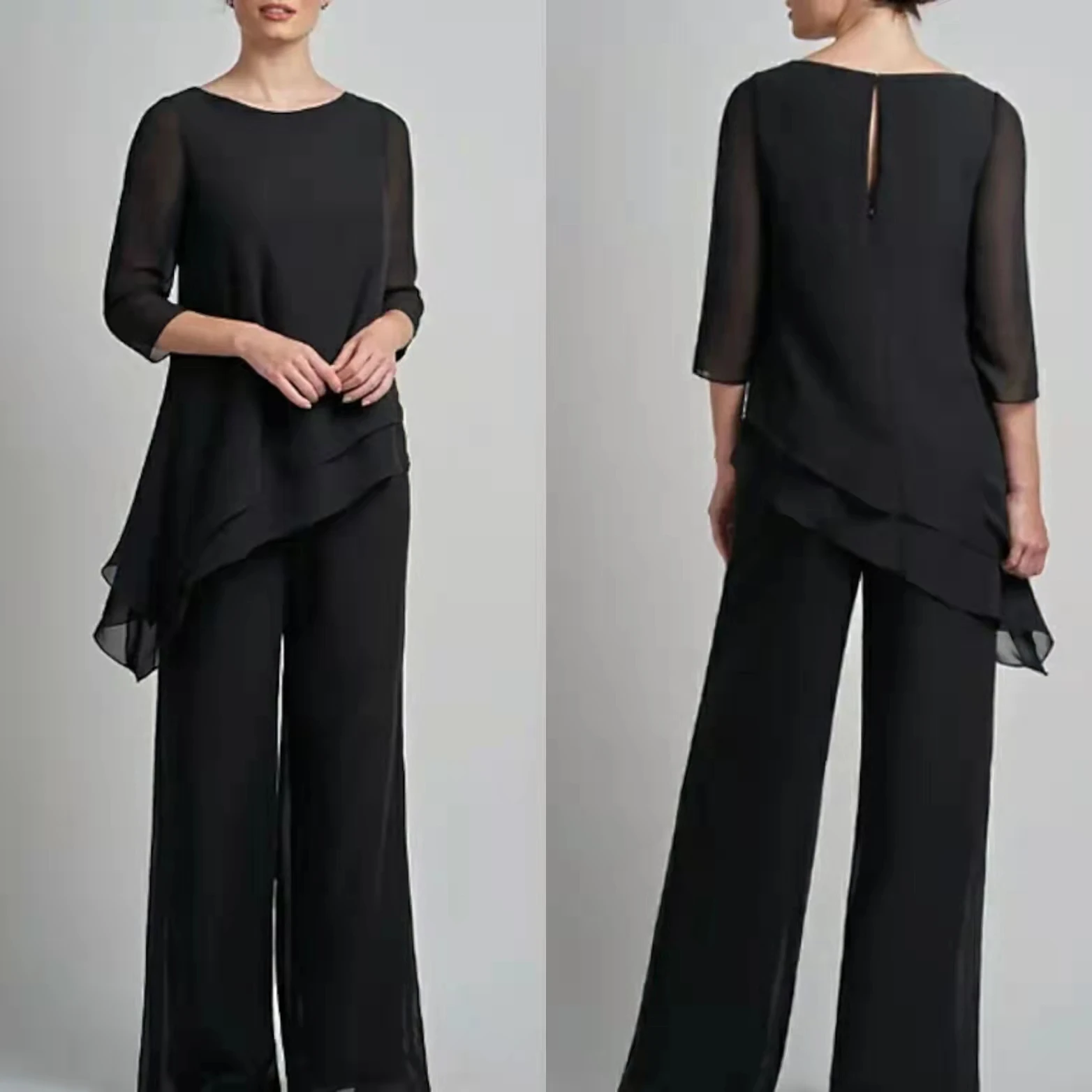 Long Black Pantsuit / Jumpsuit Mother of the Bride Dresses Jewel Neck Floor Length Chiffon 3/4 Length Sleeve Wedding Guest Dress
Long Black Pantsuit / Jumpsuit Mother of the Bride Dresses Jewel Neck Floor Length Chiffon 3/4 Length Sleeve Wedding Guest Dress