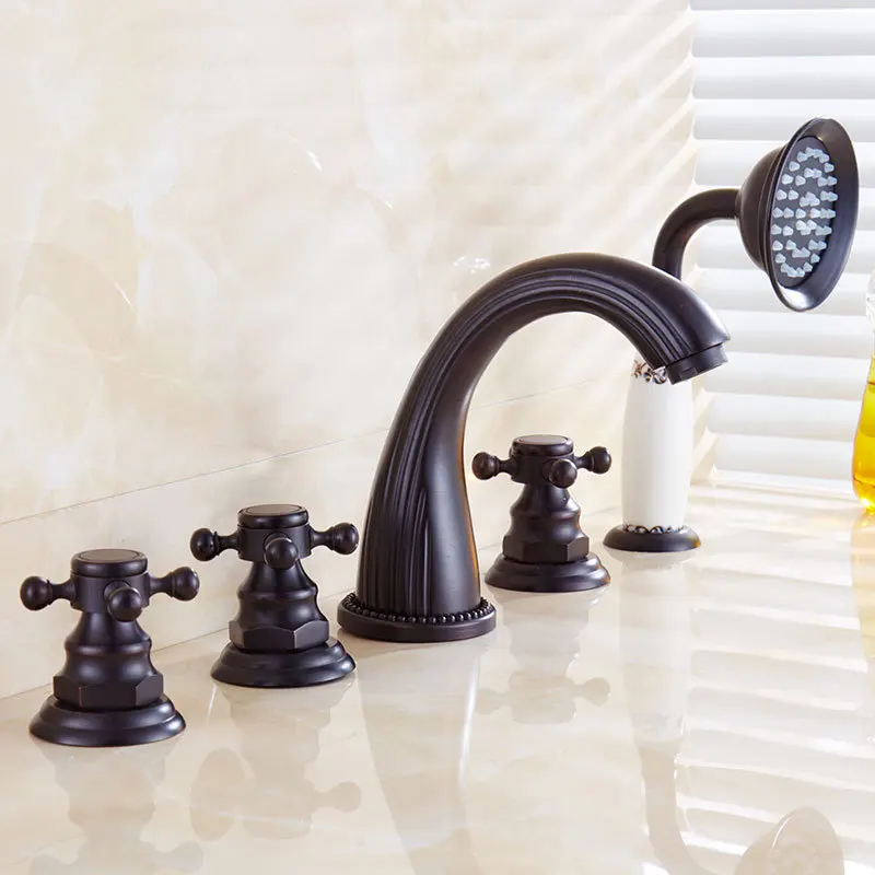 Матовый черный античный медный смеситель для ванны, 5 шт., смеситель для горячей и холодной воды, смеситель для раковины с 3 ручками и 5 отверстиями, смеситель для ванны с ручным душем