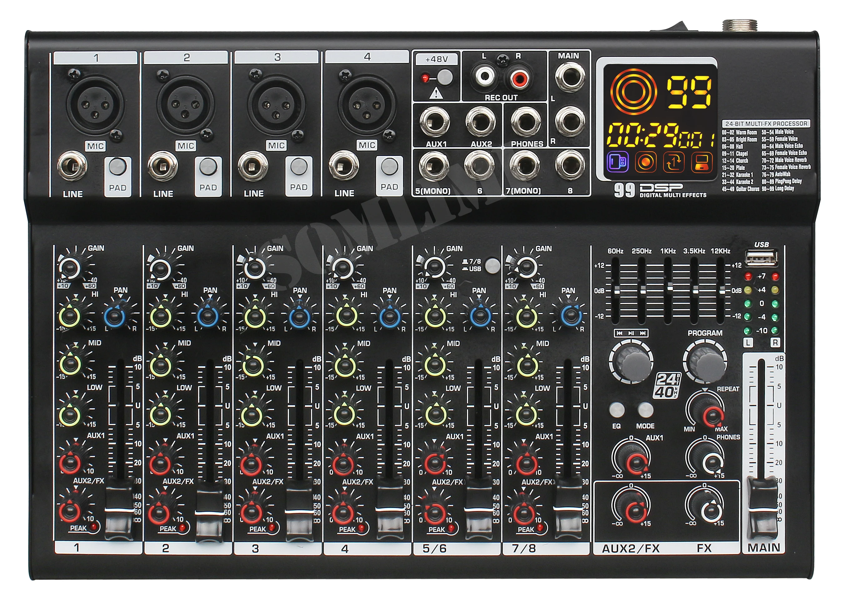 SOM Professional 6/8 Channels Audio Mixer 99 DSP Effects DJ Mixing Console Bluetooth USB 48V Sound Mixer Stage Concert
SOM Professional 6/8 Channels Audio Mixer 99 DSP Effects DJ Mixing Console Bluetooth USB 48V Sound Mixer Stage Concert