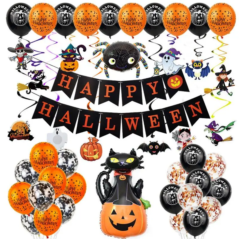 

Halloween Balloons Pumpkin Black Cat Spider & Ghost Spooky Halloween Party Bar Orange Black Balloon Anniversary Graduation Decor