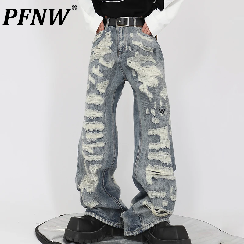 

PFNW Summer Men's Niche Heavy Destroy Design Denim Pants High Street Loose Fitting Straight Worn Out Creativity Trousers 12Z1492