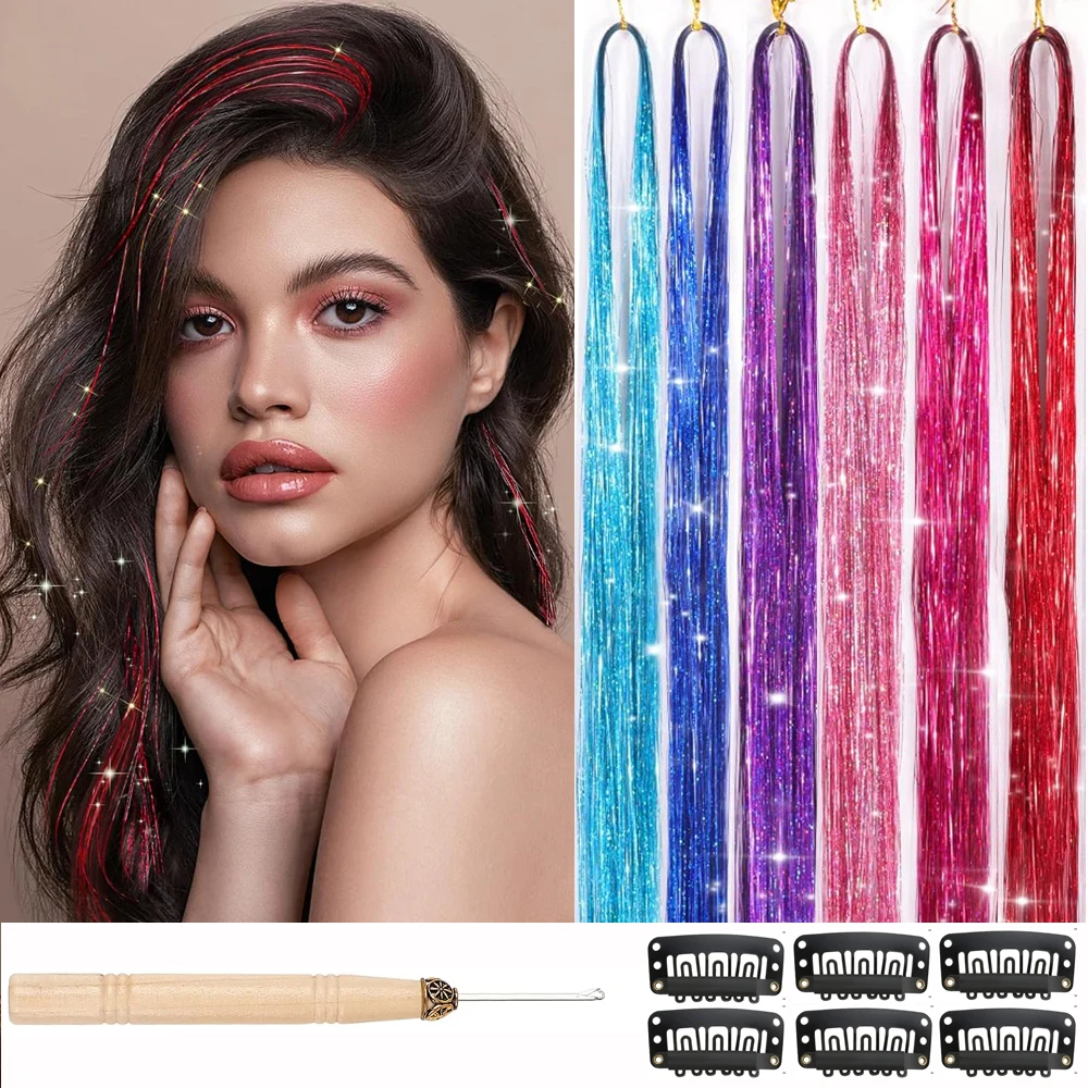 

6 Colors Tinsel Hair Extension Heat Resistant With Tools(6pcs hair clips ,1pcs crochet hook),47 Inches 200 Fairy Hair extension