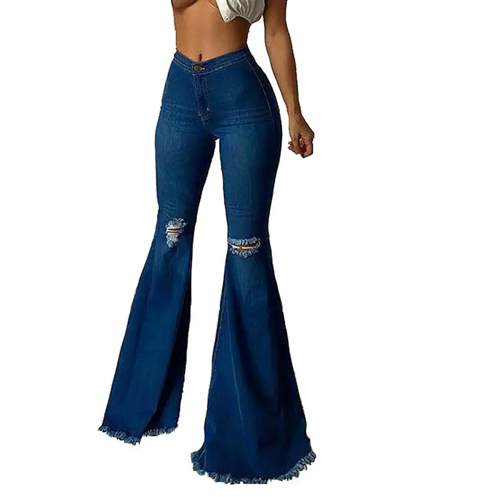 

Women Jeans Fringed Edge Denim Pants Elastic Sexy Mid Waist Ripped Flared Jeans for Work korean popular clothes