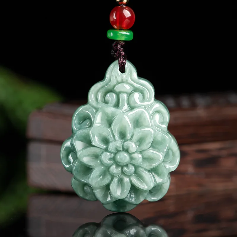 

Jia Le /Hand-Carved/ Jade Rich Longevity Flower Emerald Necklace Pendant Fine Jewelry Men Women Accessories Couples Amulet Gift