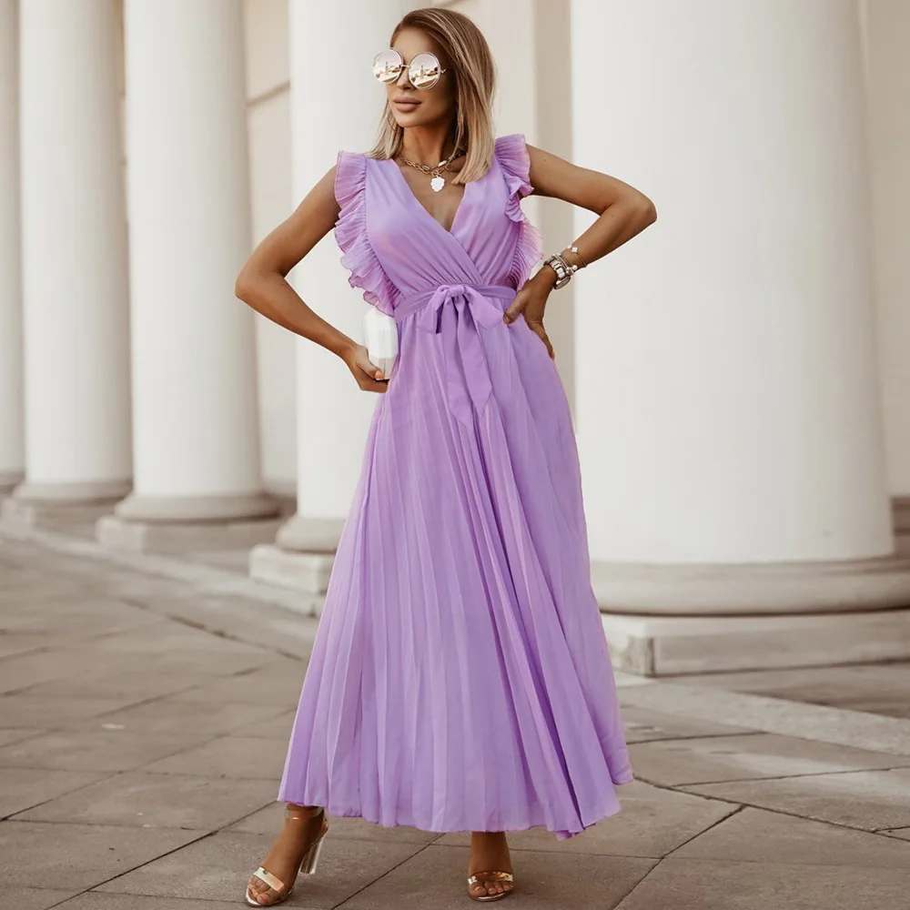 Women Bodycon Chiffon Sexy Dress Ruffles Sleeveless Solid V-neck Collar Sexy Slim Beach Holiday Long Maxi Pleated Dresses Robes
Women Bodycon Chiffon Sexy Dress Ruffles Sleeveless Solid V-neck Collar Sexy Slim Beach Holiday Long Maxi Pleated Dresses Robes