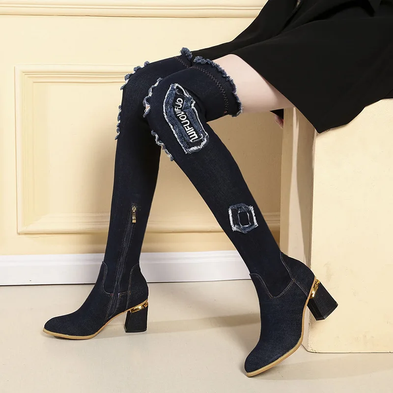 

Женские джинсовые ботфорты YeddaMavis синего цвета, новинка весны-осени, высокие сапоги до бедра 56 см, Женская Вулканизированная обувь