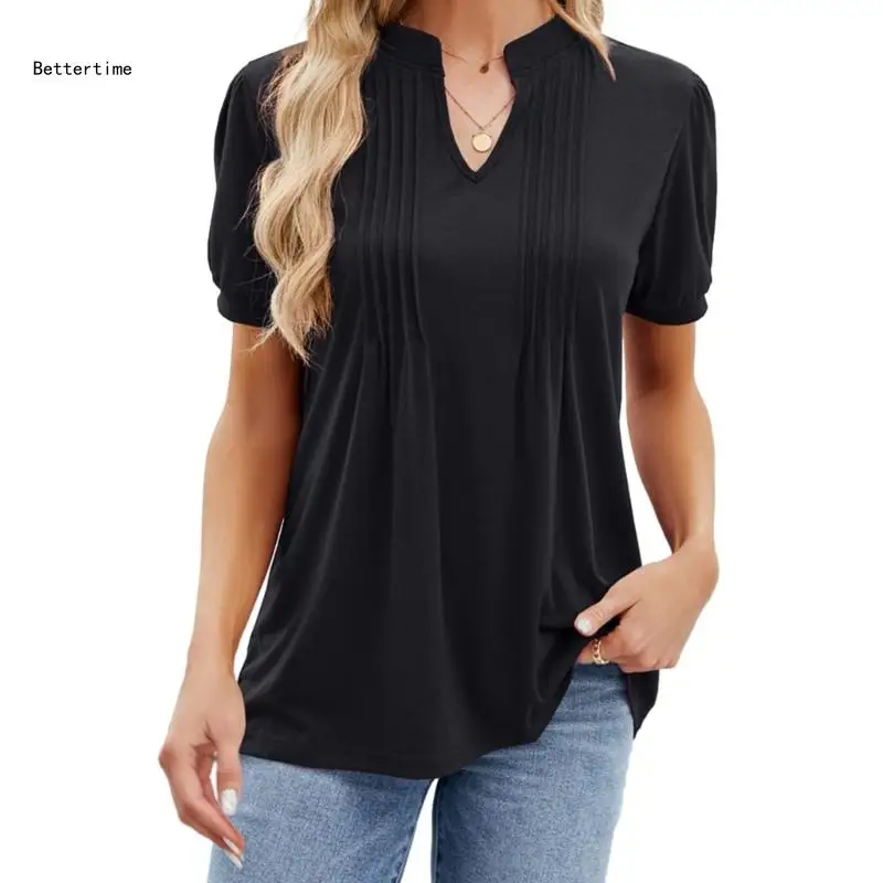 

B36D женская летняя плиссированная футболка с коротким рукавом и v-образным вырезом, повседневные свободные блузки, туники,