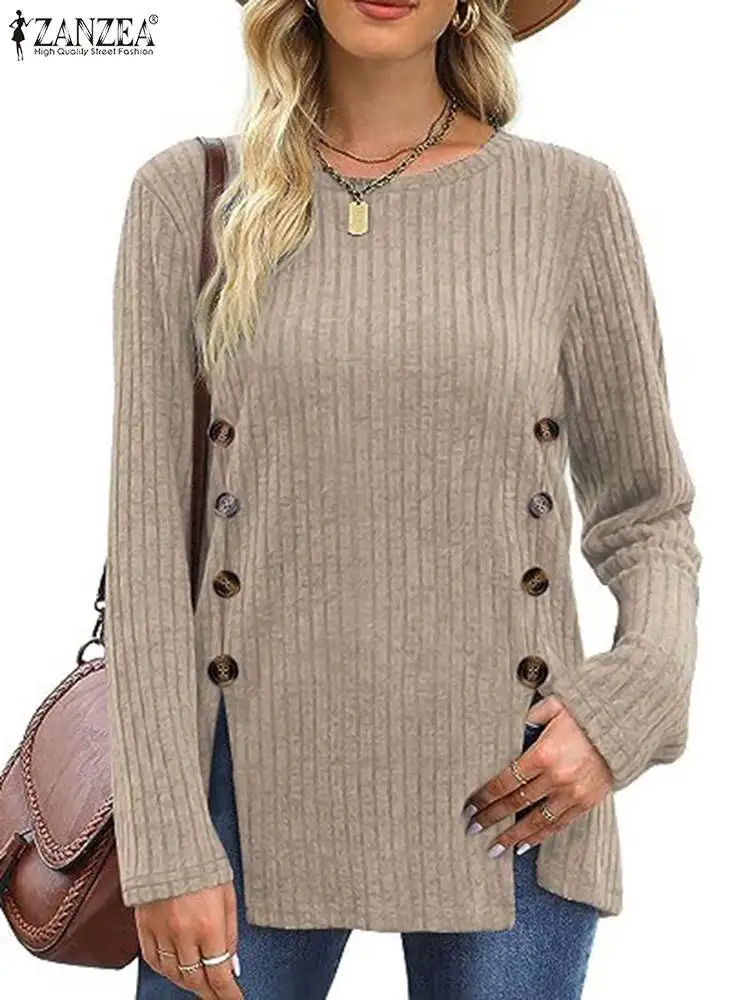 

ZANZEA Fashion Women Long Sleeve Solid Blouse Vintage Autumn Ribbed Tops Casual Loose OL Work Holiday Shirt Knitted Blusas Tunic