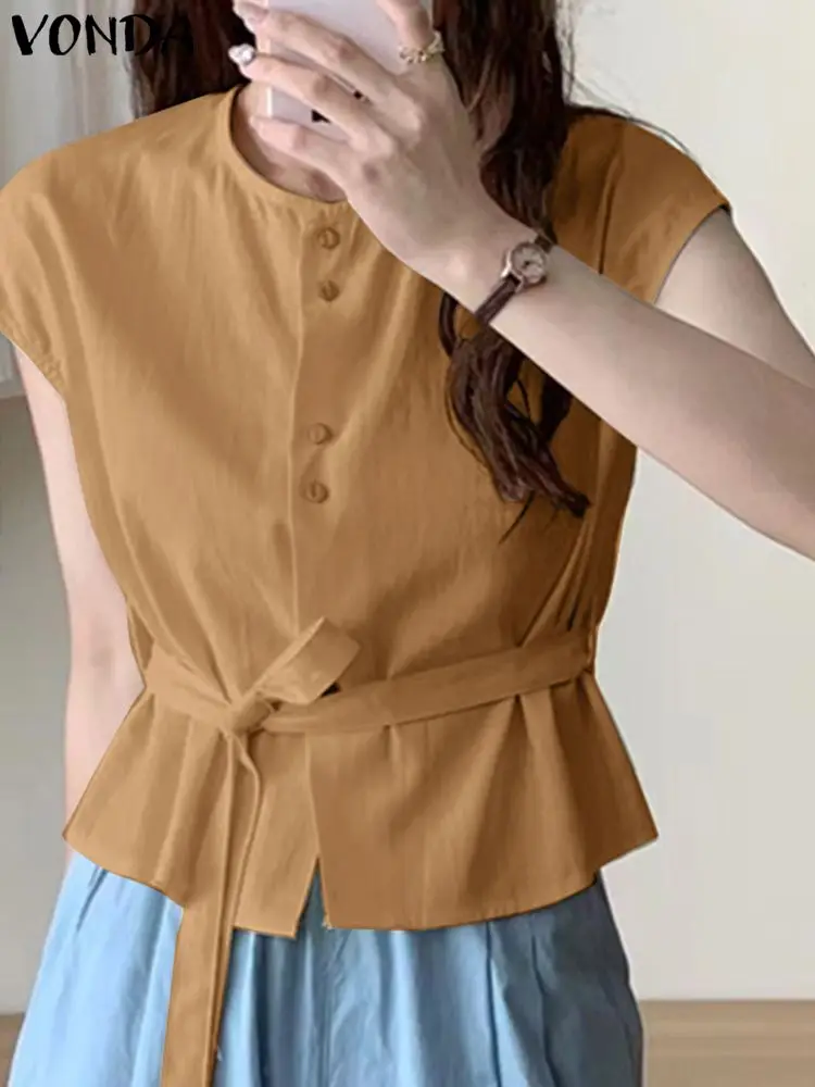 

Fashion Short Sleeve Blouse Summer Tops VONDA Casual Solid Color Shirts 2024 Women Belted Buttons Blusas Femininas Loose Tunic