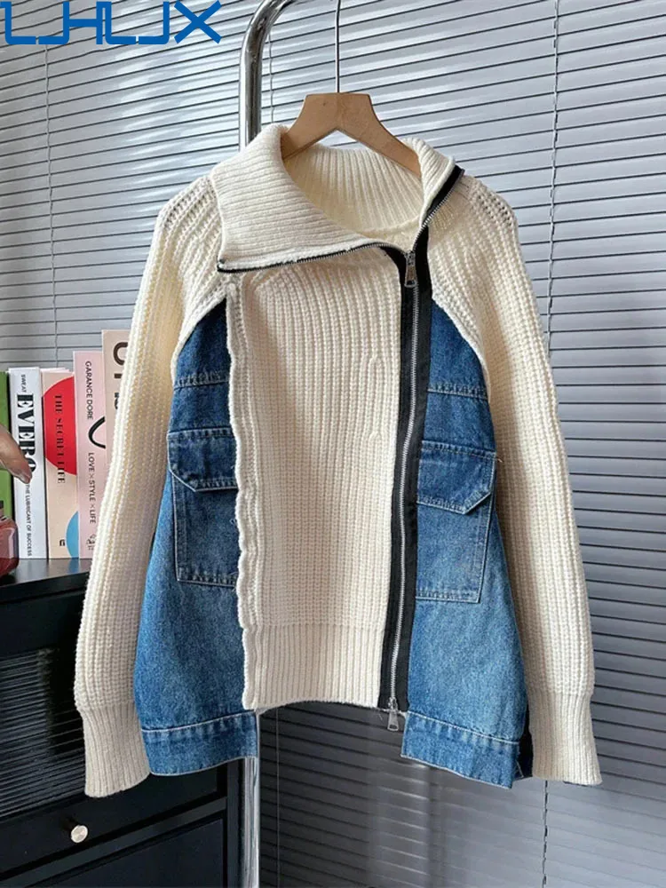 LJHLJXFashion Cardigan Women's Denim Patch Work Irregular Stand Collar Knitted Sweater Jacket 2024 Spring/winter New AH231
LJHLJXFashion Cardigan Women's Denim Patch Work Irregular Stand Collar Knitted Sweater Jacket 2024 Spring/winter New AH231