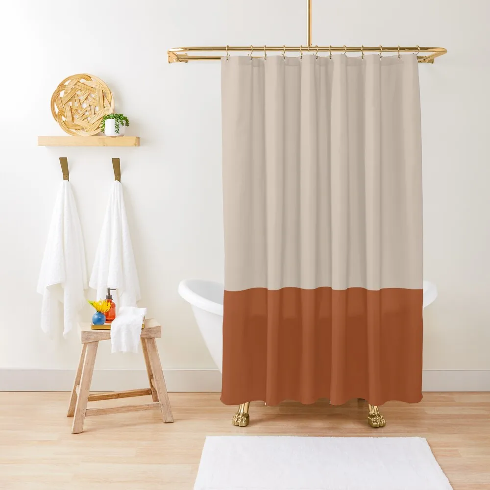 

Minimalist Color Block Cuffed Solid in Putty and Clay Rust Terracotta Shower Curtain Shower Curtains Bathroom