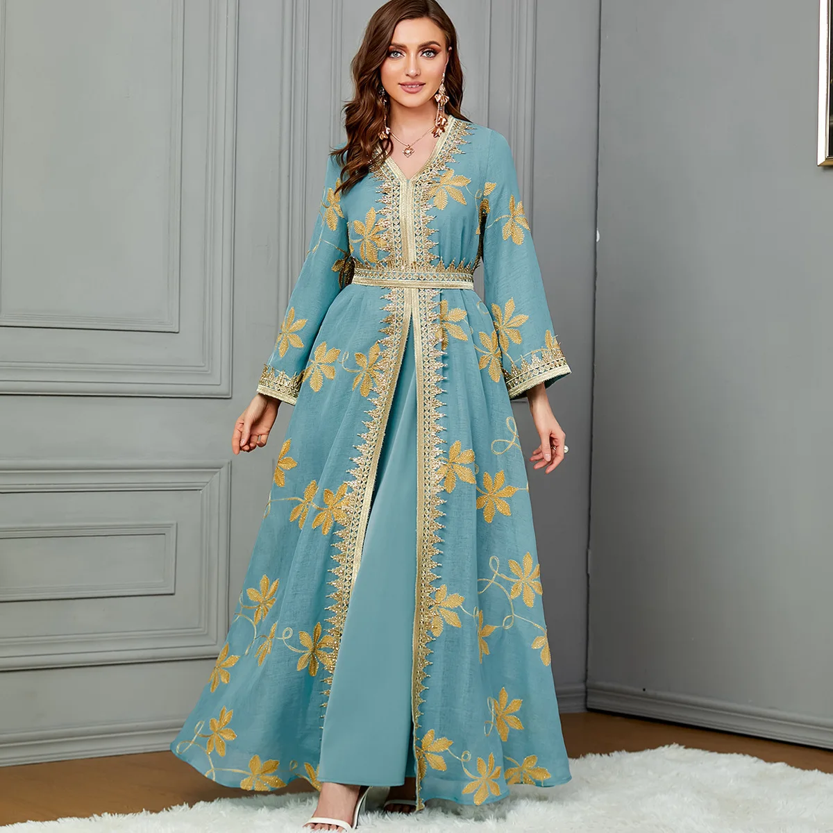 

Eid Mubarak Djellaba Women Belted Embroidery Party Dress Muslim Abaya Dubai Turkey Robe Islamic Jalabiya Morocco Kaftan Ramadan