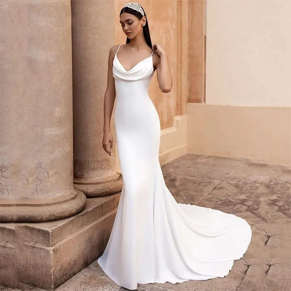 

Sexy Spaghetti Strap Beach Bridal Gown Simple Mermaid Wedding Dress White Satin Cowl Neck Long Train Buttons Vestido de Novia