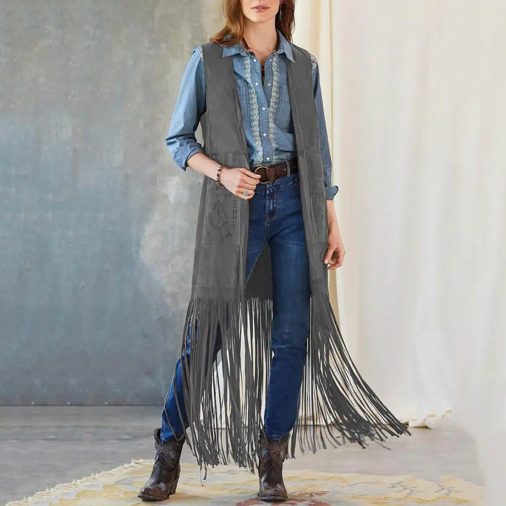 

Fringed Vest Bohemian Fringe Vest with Tassel Detail Hippie Cardigan Patch Pocket Waistcoat for Women 70s Cowboy Cosplay Costume