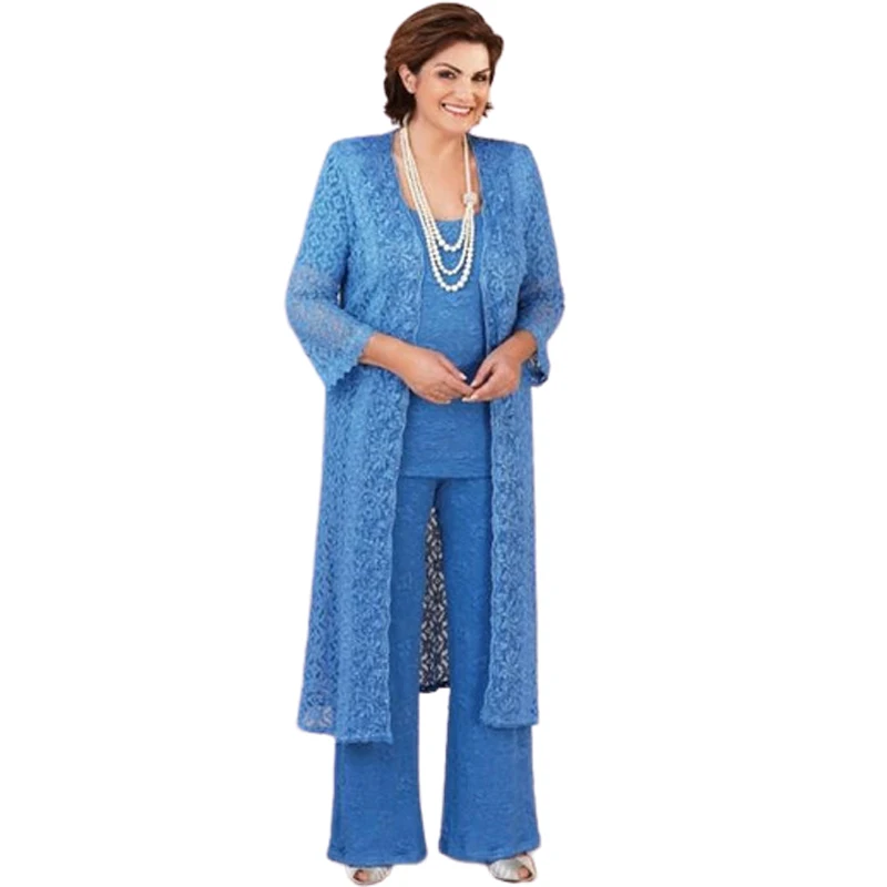 

Яркие синие кружевные брюки костюм для матери невесты Платья с подходящей длинной курткой элегантный женский наряд