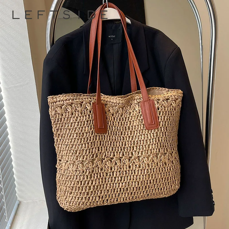 

Summer Big Straw Bags for Women Handmade Beach Bags 2024 Korean Fashion Rattan Woven Handbags Travel Shopper Shoulder Bags