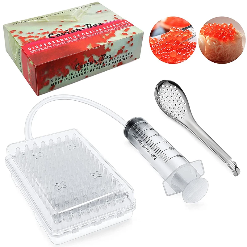 

Molecular Gastronomy Kit, Caviar Maker Box Spherification Dropper, 96-Hole Roe Sauce Dispenser Strainer Tools with Spoon Syringe