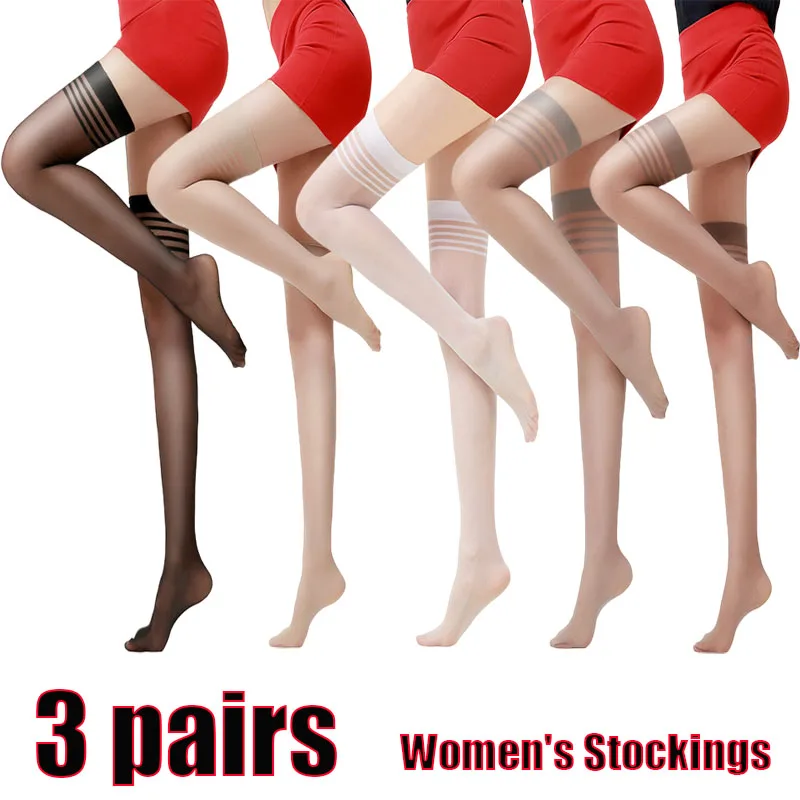 

3Pairs Ultra Thin Thigh High Women Socks Sexy Breathable Striped Over The Knee Stock High Quality Women's Stockings & Hosiery