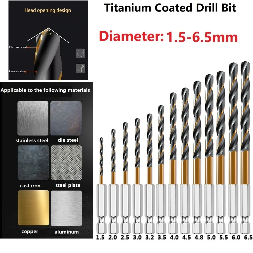 1PC HSS High Speed Steel Titanium Coated Drill Bit Set 1/4 Hex Shank 1.5-6.5mm Woodworking Tools Ferramentas Brocas Taladro
1PC HSS High Speed Steel Titanium Coated Drill Bit Set 1/4 Hex Shank 1.5-6.5mm Woodworking Tools Ferramentas Brocas Taladro