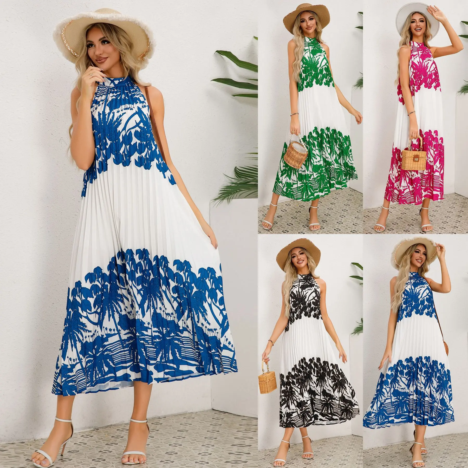 2024 Women's Stand Collar Sleeveless Pleated Printed Skirt Loose A-Pulse Long Skirt Pop-Up Dress
2024 Women's Stand Collar Sleeveless Pleated Printed Skirt Loose A-Pulse Long Skirt Pop-Up Dress