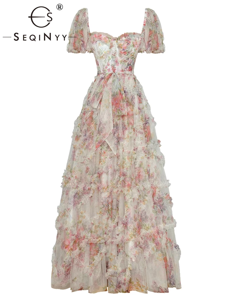 

SEQINYY Elegant Long Dress Summer Spring New Fashion Design Women Runway High Street Vintage Flower Print Short Puff Sleeve Belt