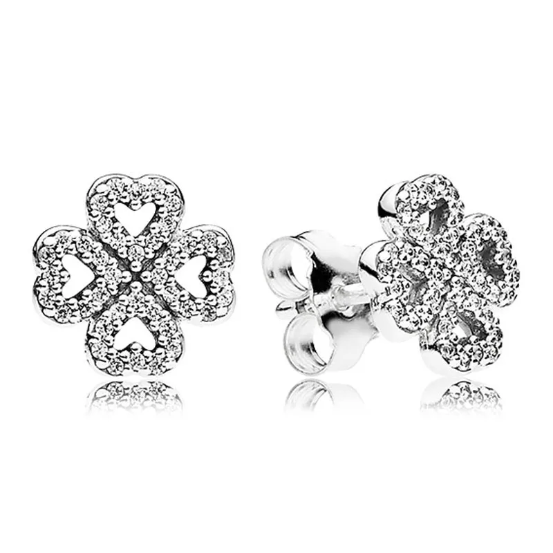 

Authentic 925 Sterling Silver Sparkling Clover Petals Of Love With Crystal Stud Earrings For Women Wedding Gift Fashion Jewelry