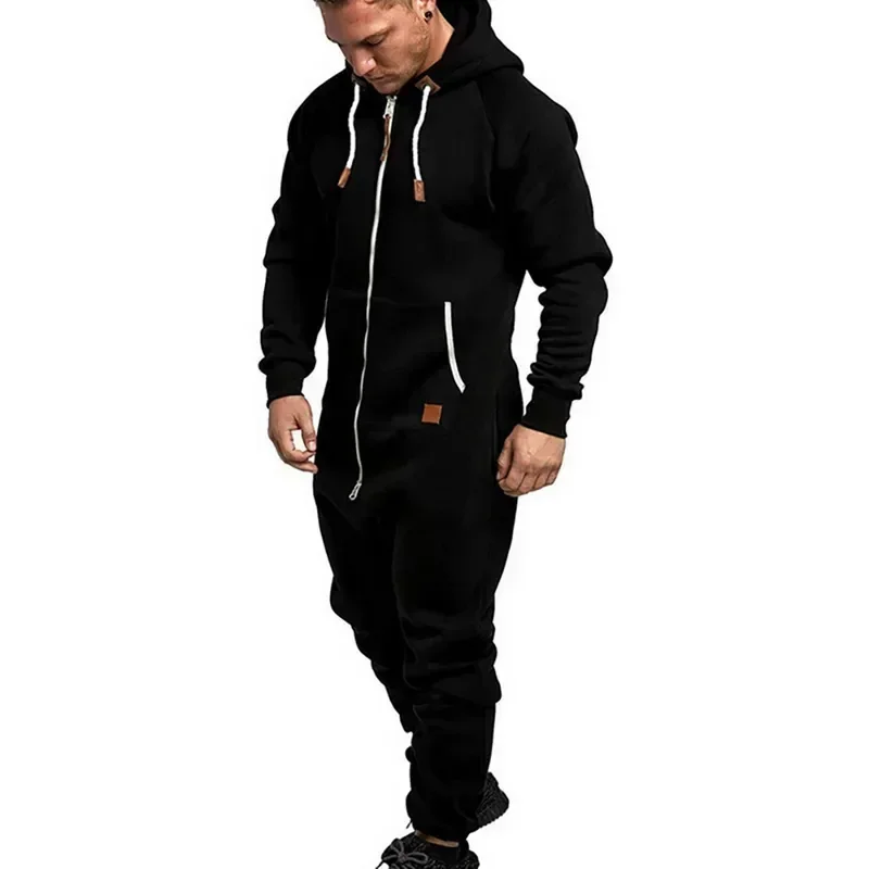 

Long Winter Hoodie Onesie Autumn Pure Casual Color Mens Male Sweatpants Pajamas Sleeve Jumpsuit Zipper Splicing