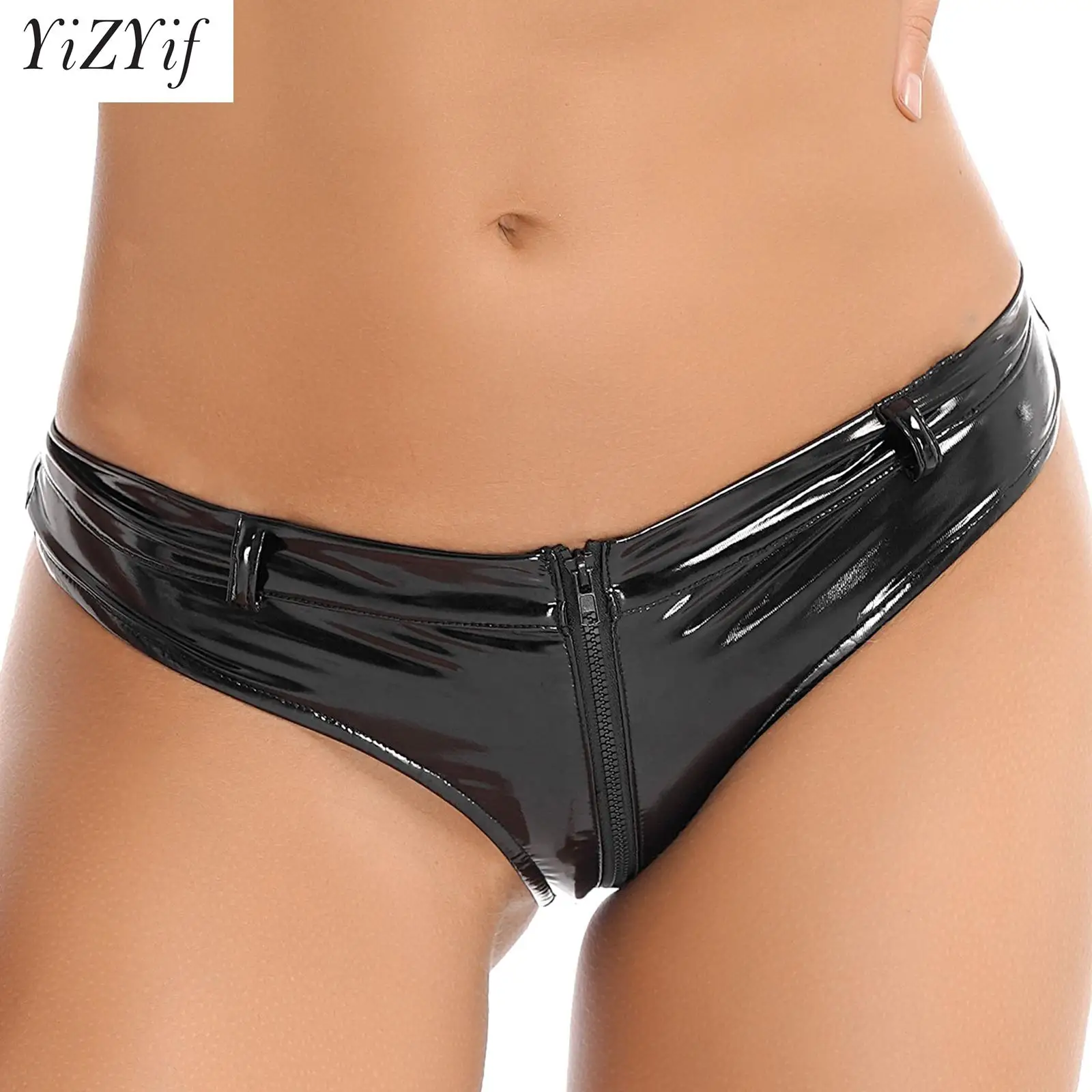 

Women Sexy Zipper Crotch Low Rise Briefs Metallic Faux Leather Underwear Rock Festival Club Rave Party Booty Shorts Hot Pants