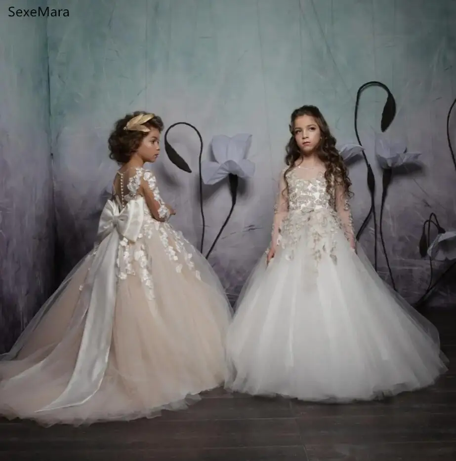 Princess Puffy A-Line Flower Girl Dresses Sheer Neck Long Sleeves Girls Party Birthday Gowns First Communion Dress
Princess Puffy A-Line Flower Girl Dresses Sheer Neck Long Sleeves Girls Party Birthday Gowns First Communion Dress