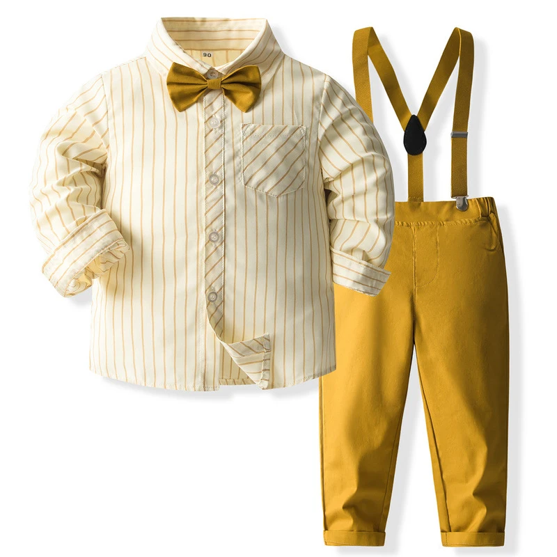 

4Piece Set Spring Autumn Baby Boy Clothes Fashion Gentleman Stripe Cotton Long Sleeve Tops+Pants+Bow+Straps Kids Clothing BC1798