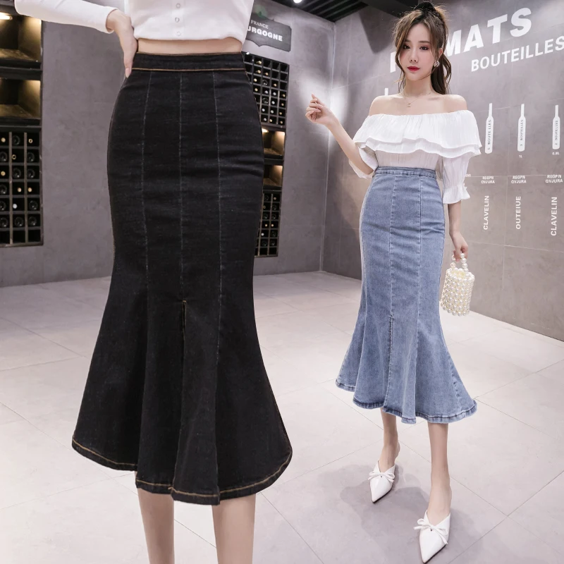 

New Fashion Sexy Splicing Fold Woman Skirts Womens Medium-long Jean Fishtail Skirt Casual Female Girls Denim Skirt Dropshipping