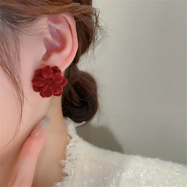 Boucles d'oreilles en velours rouge vin pour femmes, clou de fleur rose, bijoux élégants, mode vintage, simple, mignon, automne, hiver, 03/accessoires 2