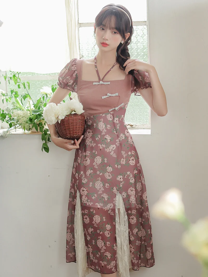 

Retro Improved National Style Chic Niche Floral Dress Women's Spring/Summer New Design Sense Lace Stitching Long Dress Woman