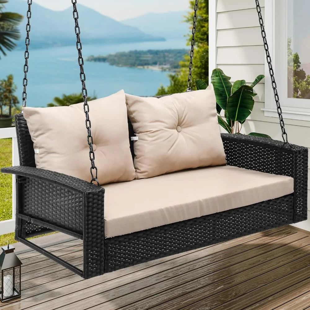 

Wicker Hanging Porch Swing Chair 2-Seats Outdoor Black Rattan Patio Swing Lounge w/ 2 Back Cushions Capacity 530lbs for Garden