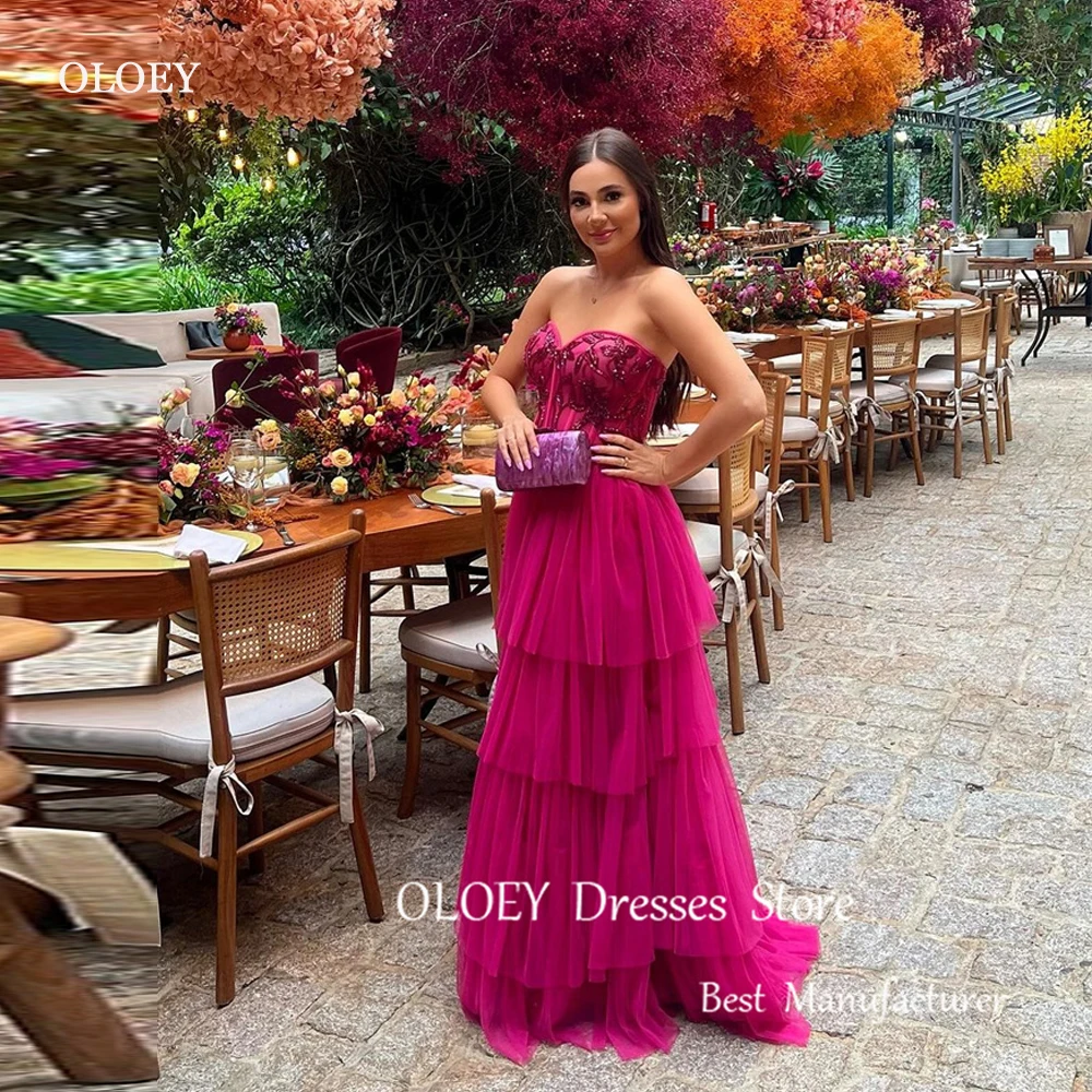 

OLOEY Sexy Beads Fuschia Tulle A Line Long Evening Dresses Sweetheart Tiered Floor length Prom Gowns Wedding Party Dress