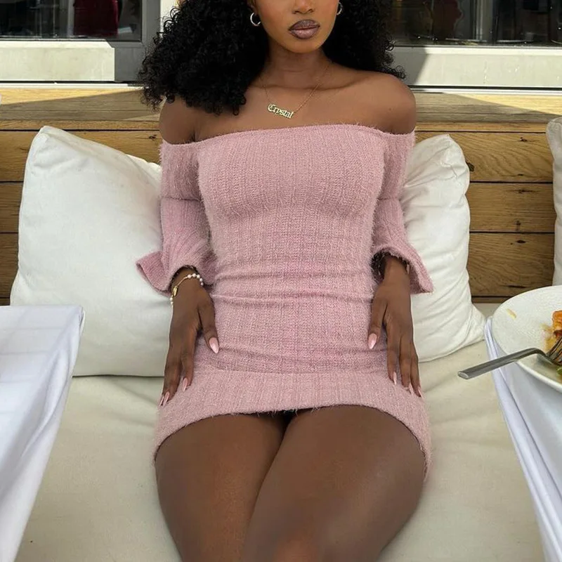 Spicy One-oulder Women's Dress High Waist Bodycon Short Skirt Long Sleeve Polyester Fabric Pure Color Elegant Lady Dresses Spicy One-oulder Women's Dress High Waist Bodycon Short Skirt Long Sleeve Polyester Fabric Pure Color Elegant Lady Dresses