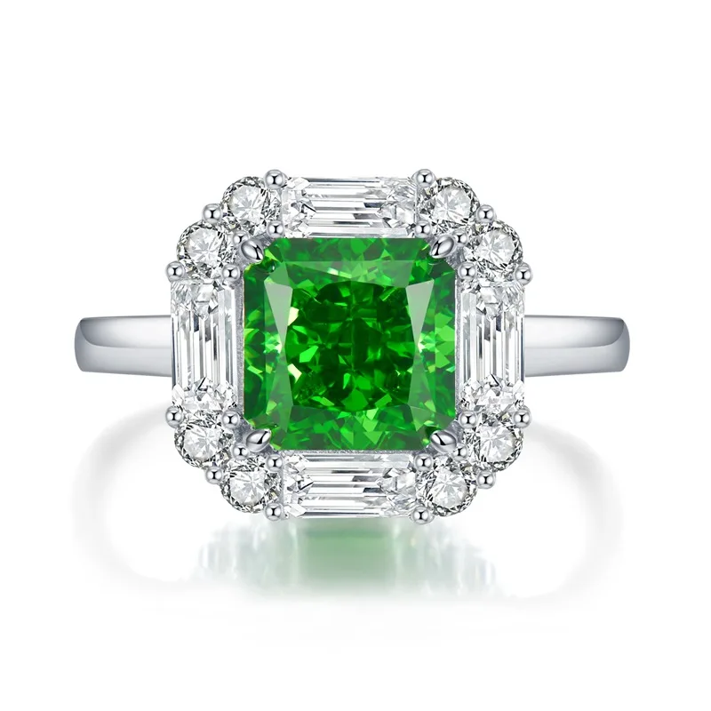 

2023 New S925 Silver Emerald Radiant 4 Carat Ring with High Carbon Diamonds, Unique and Beautiful Design