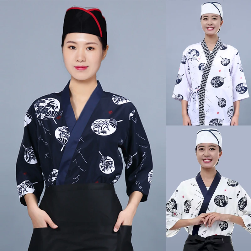 

New Japanese Cuisine Sushi Chef Uniform Kimono Izakaya Restaurant Teahouse Waiter Printing Mid-sleeve Overalls For Men And Women