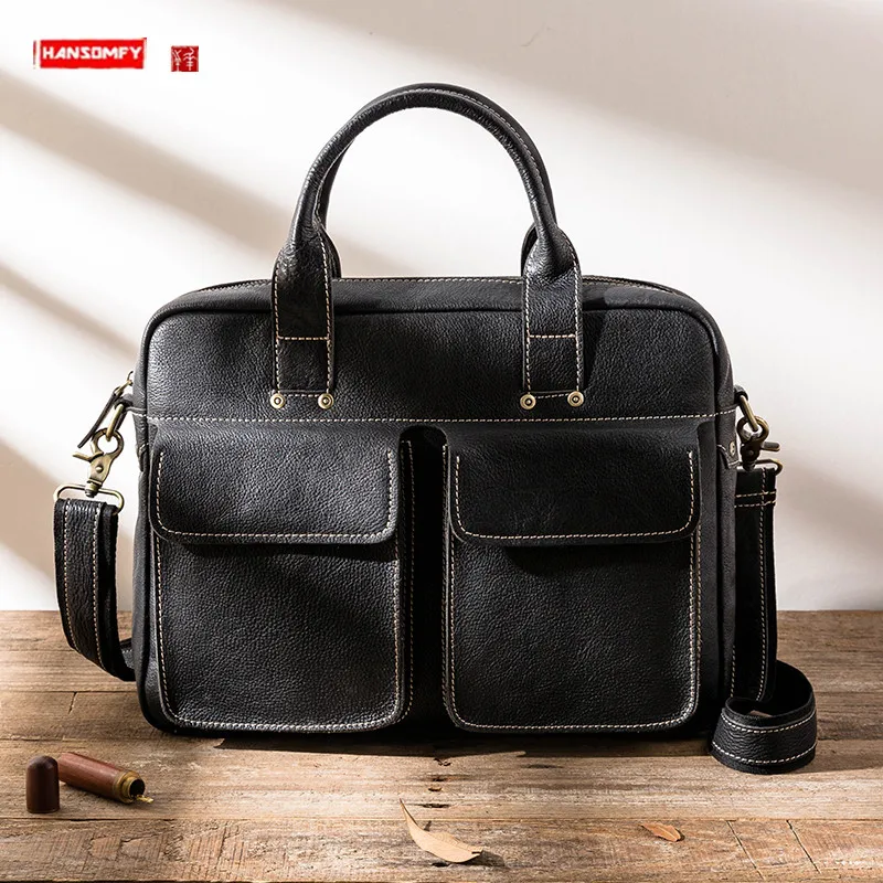 

Genuine Leather Men's Handbags Casual Messenger Bag Simple All-Match Shoulder Bag Cowhide Portable Business Horizontal Briefcase