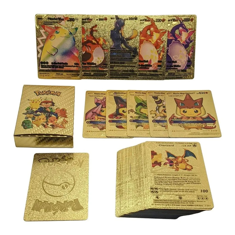 

Pokemon Cards 55pcs Metal Gold Card Plated Ultra Rare Collection Cards With Charizard Golden Vmax DX GX Metal Gold Plated